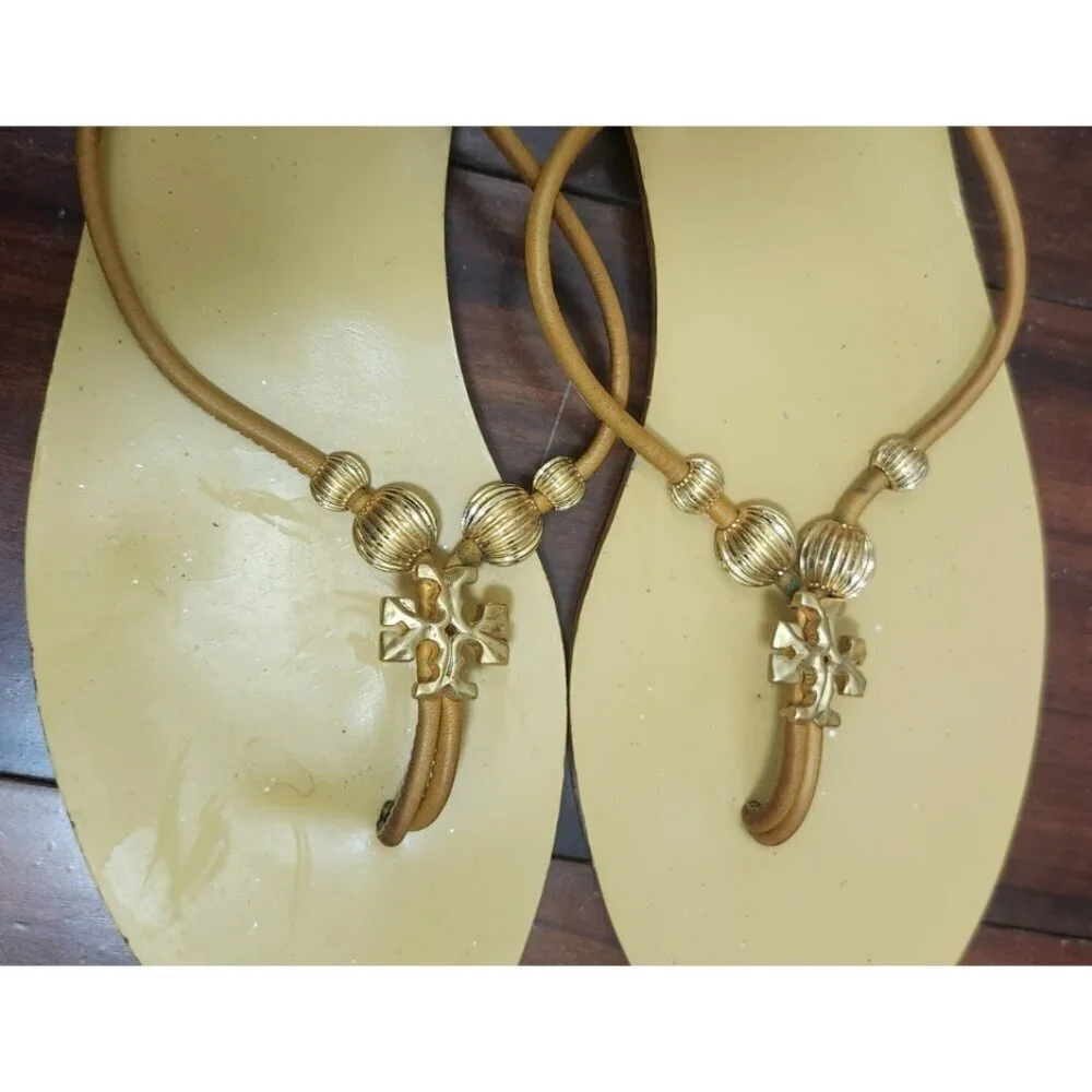 Tory Burch Women Leather Thong Sandals Gold Logo Beads Tan Flat Flip Flop Sze10M